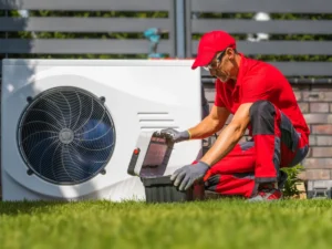 HVAC tech performing annual maintenance on heat pump